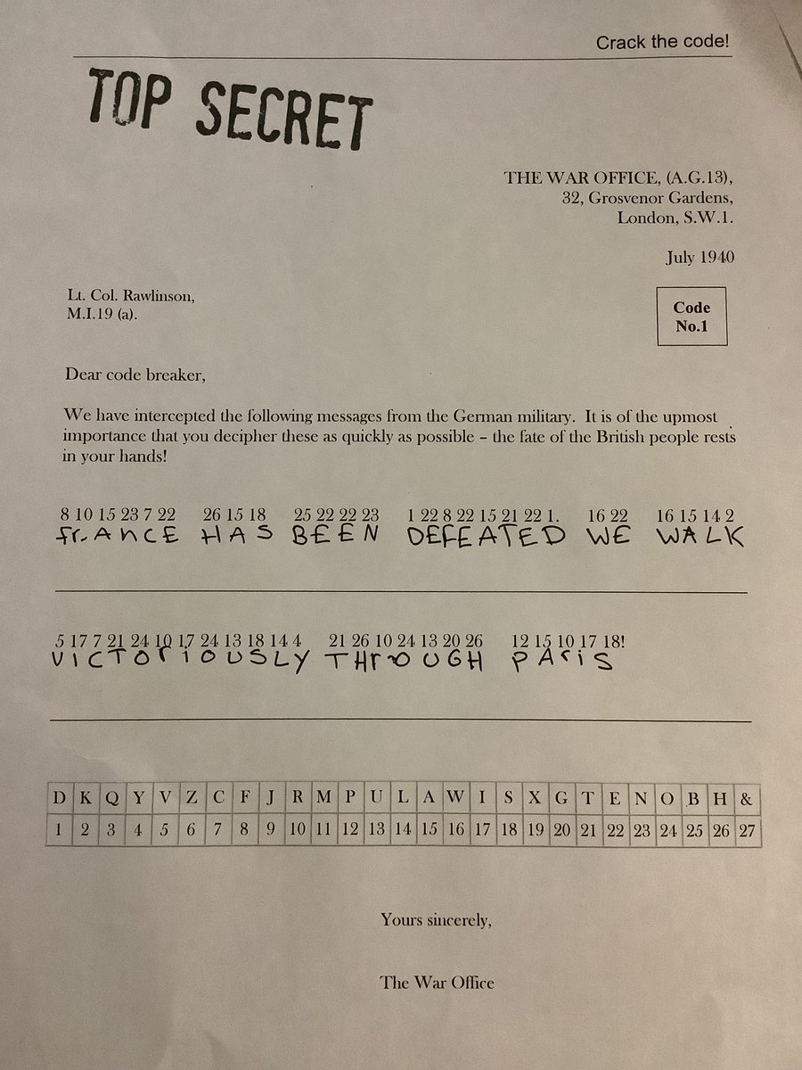 Year5Stradbroke's tweet photo. In History today, we had to crack the coded letter which was intercepted by the British in July 1940. #worldwartwo #crackthecode #historylearning
@StradbrokePri
@NashStradbroke
📸 https://t.co/FO3PQsTGM6