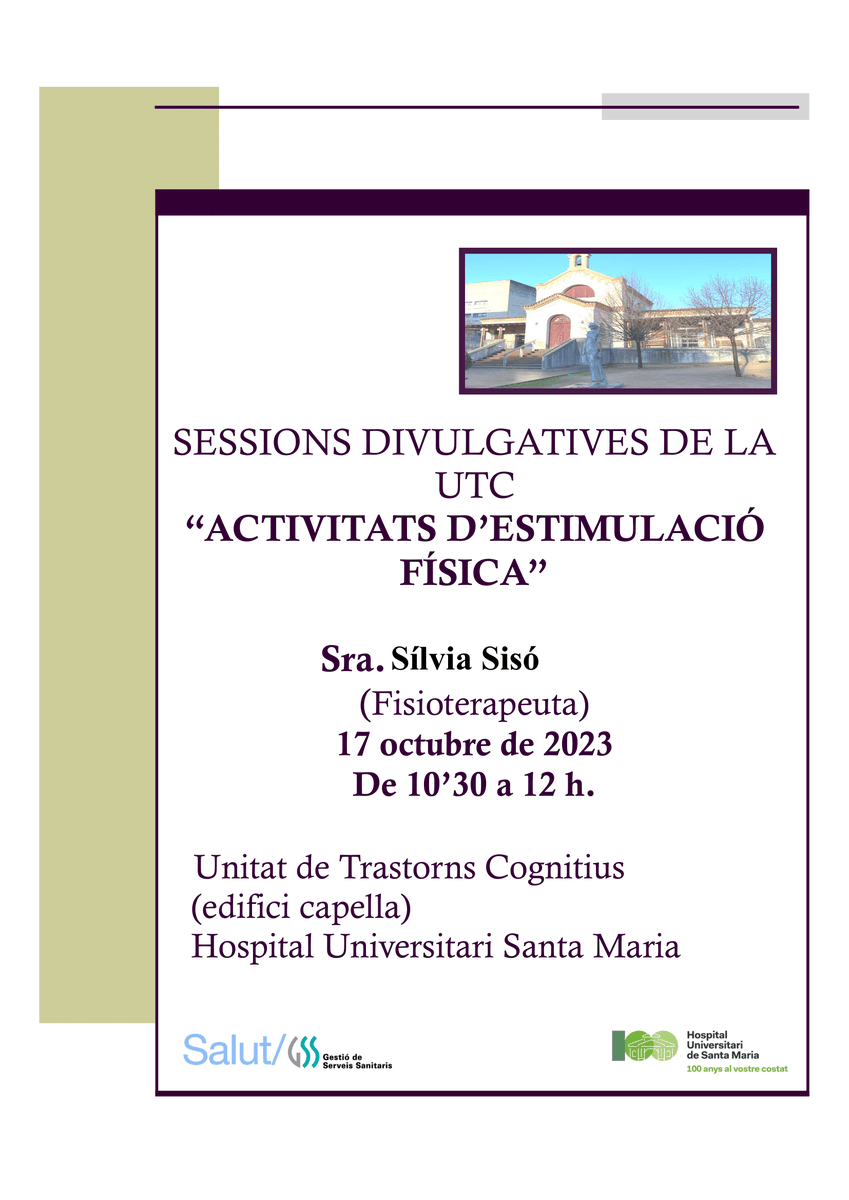 Hospital Universitari Santa Maria (@gss_lleida) on Twitter photo Nova sessió divulgativa de la Unitat de Trastorns Cognitius (UTC) de <a href="/GSS_Lleida/">Hospital Universitari Santa Maria</a> !
👉 "Activitats d'estimulació física"
👩 Sra. Sílvia Sisó
🗓️ 17 d'octubre de 10.30 a 12 h.
📍 Sala de la Capella UT Nova sessió divulgativa de la Unitat de Trastorns Cognitius (UTC) de <a href="/GSS_Lleida/">Hospital Universitari Santa Maria</a> !
👉 "Activitats d'estimulació física"
👩 Sra. Sílvia Sisó
🗓️ 17 d'octubre de 10.30 a 12 h.
📍 Sala de la Capella UT