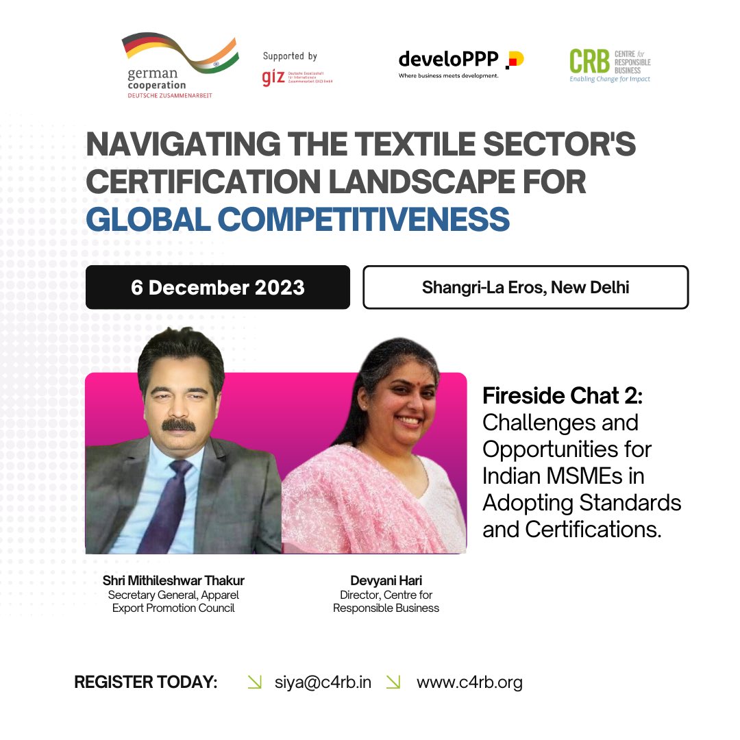 Join us on 6 December, 2023 for a Second-Fireside Chat onChallenges and Opportunities for Indian MSMEs in Adopting Standards and Certifications. Exciting discussion will led by professionals, Shri. @MithileshwarT, @aepcindia Secretary General, and @Devyani_Hari, Director,