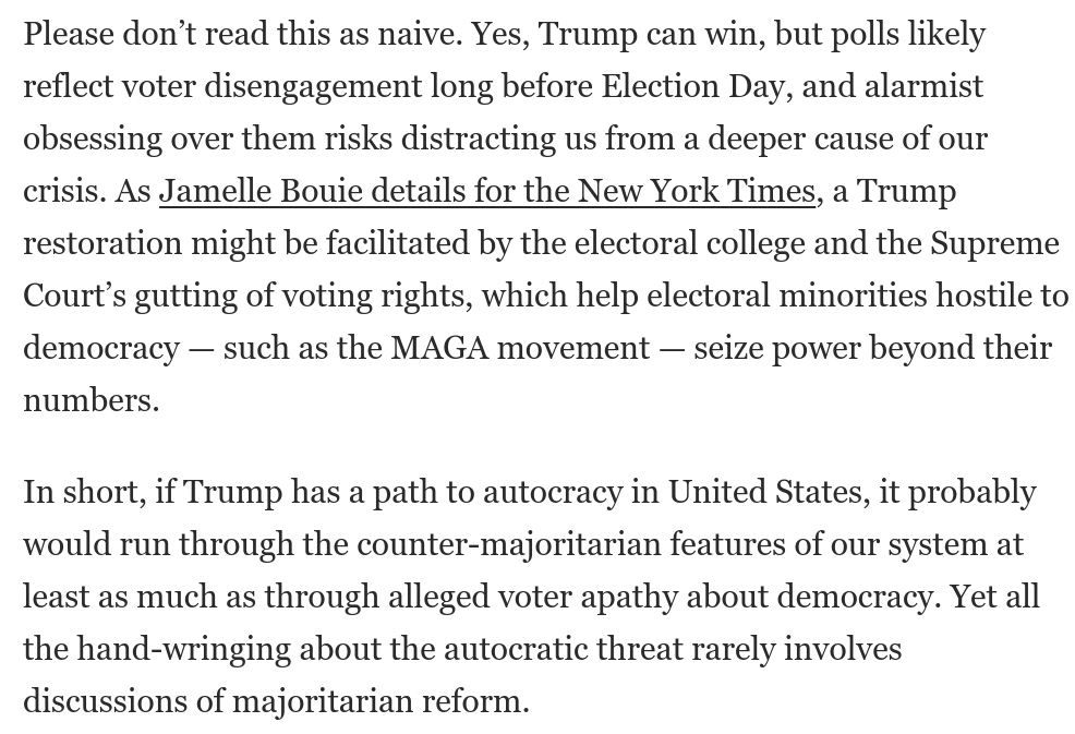 The path to autocracy for Trump runs through our countermajoritarian institutions as much as through voter apathy about democracy. Yet prominent discussions of the autocratic threat gloss over the need for majoritarian reform. 4/ (citing @jbouie) wapo.st/3t2SsUG