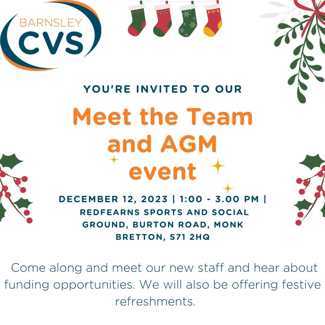 There is one week till our Meet the Team and AGM event on Tuesday 12th December, from 1pm-3pm. Book your tickets here: buytickets.at/barnsleycvs1/1… You will be able to meet our new staff and hear about upcoming funding opportunities. We will be offering festive refreshments 🥧