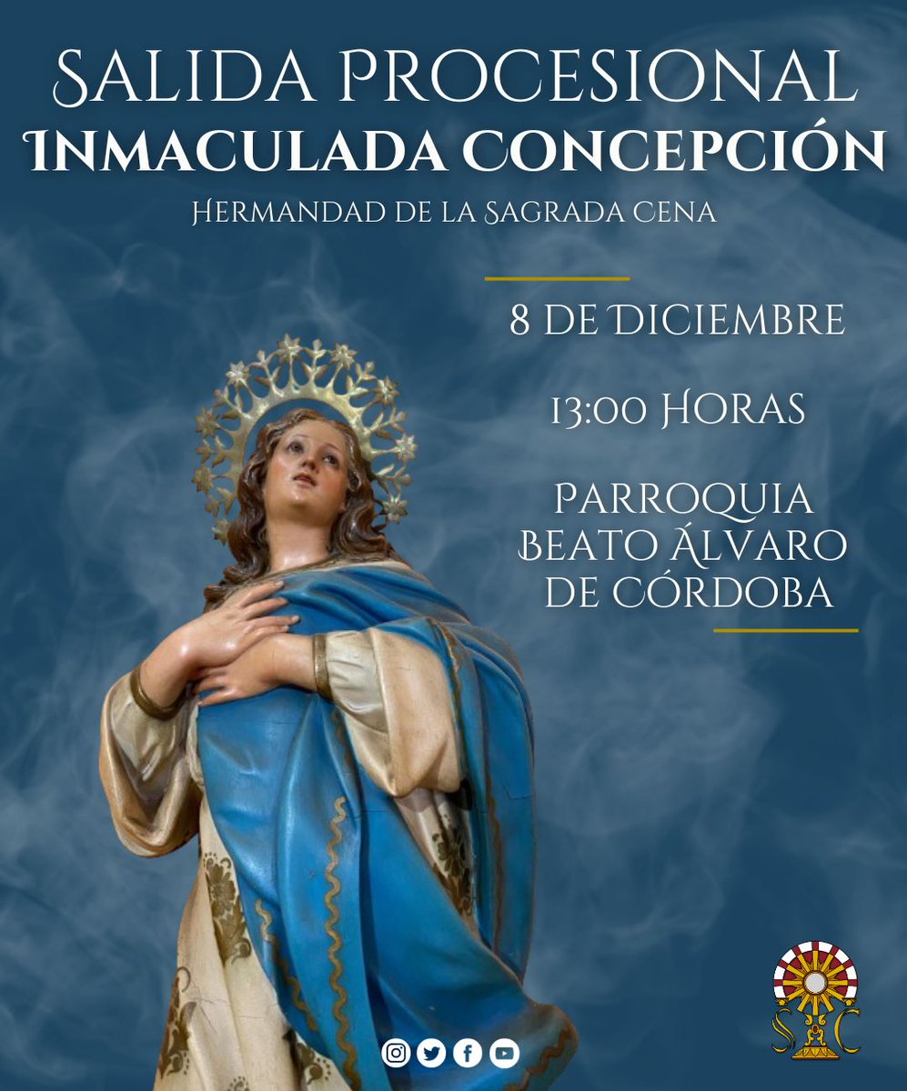 🔴 𝐒𝐀𝐋𝐈𝐃𝐀 𝐏𝐑𝐎𝐂𝐄𝐒𝐈𝐎𝐍𝐀𝐋 𝐈𝐍𝐌𝐀𝐂𝐔𝐋𝐀𝐃𝐀 𝐂𝐎𝐍𝐂𝐄𝐏𝐂𝐈𝐎𝐍 🔴
El próximo viernes, día 8, tendrá lugar la procesión de la Inmaculada de nuestra hermandad. 

La salida está prevista a las 13:00 horas. 

¡𝐎𝐬 𝐞𝐬𝐩𝐞𝐫𝐚𝐦𝐨𝐬! 🎶

#ꜱᴜᴇɴᴀᴘᴏɴɪᴇɴᴛᴇ