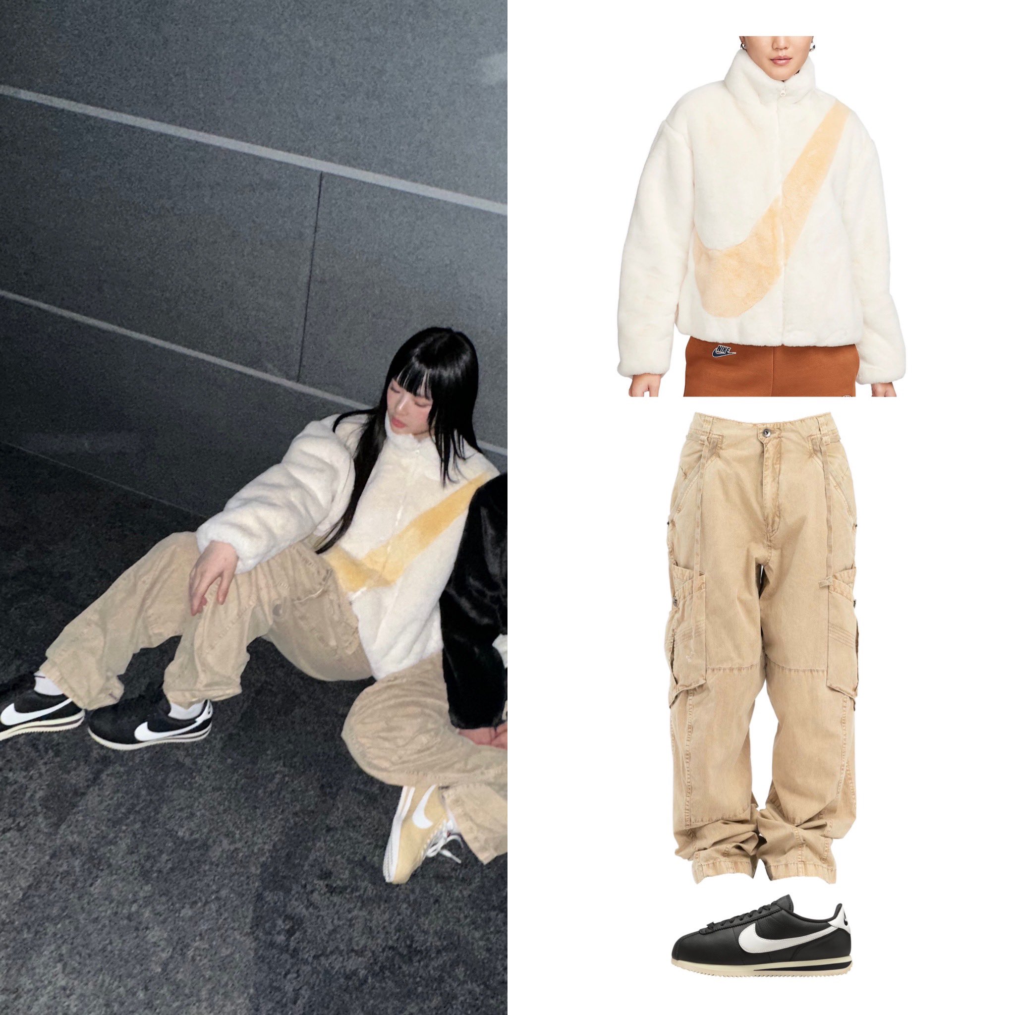 NewJeans Outfits on X: 231205 Twitter/Instagram Nike Swoosh Faux Fur  Jacket ₩199,000 Cortez 23 Premium $110 Hyein Seo Utility Pants $565  #NewJeans #뉴진스 #Hanni #하니  / X