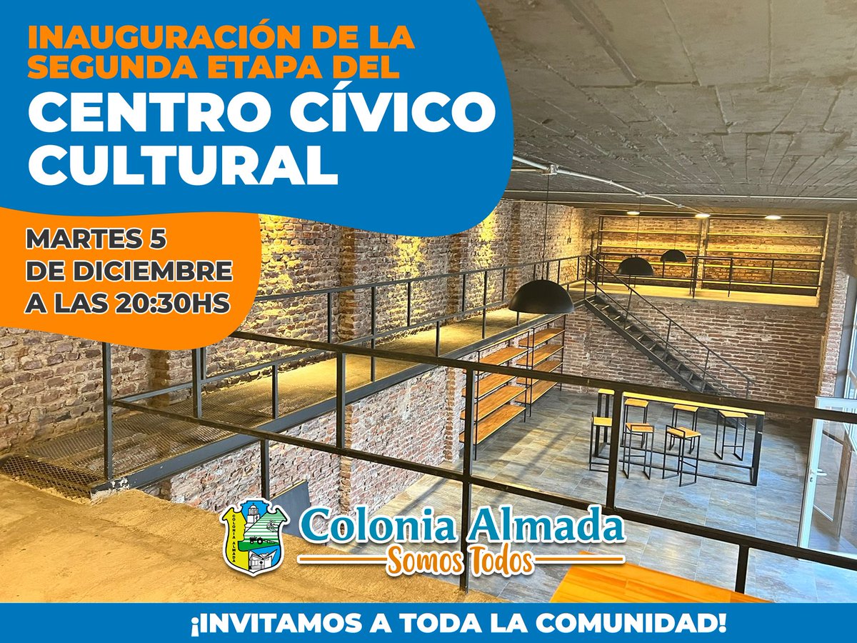 🟠 Inauguración de la segunda etapa del Centro Cívico Cultural

📍Hoy martes 5 de Diciembre a las 20:30hs.

🙌 Toda la comunidad de Colonia Almada está invitada a participar.