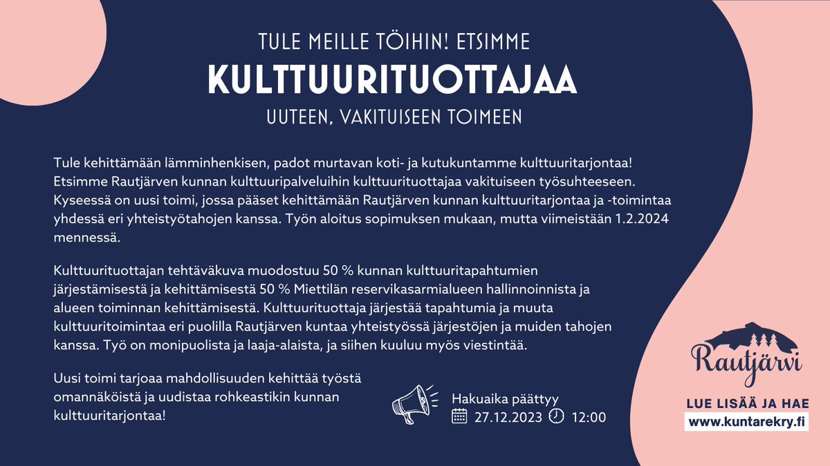 Vakituinen kulttuurituottajan paikka avoinna - lue lisää ja hae Kuntarekryn kautta 27.12. klo 12 mennessä! 

#rautjarvinyt #rautjarvihuomenna #hyvanelamanrautjarvi #padotmurtava #kotijakutupaikka #kulttuurituottaja

kuntarekry.fi/fi/tyopaikat/k…