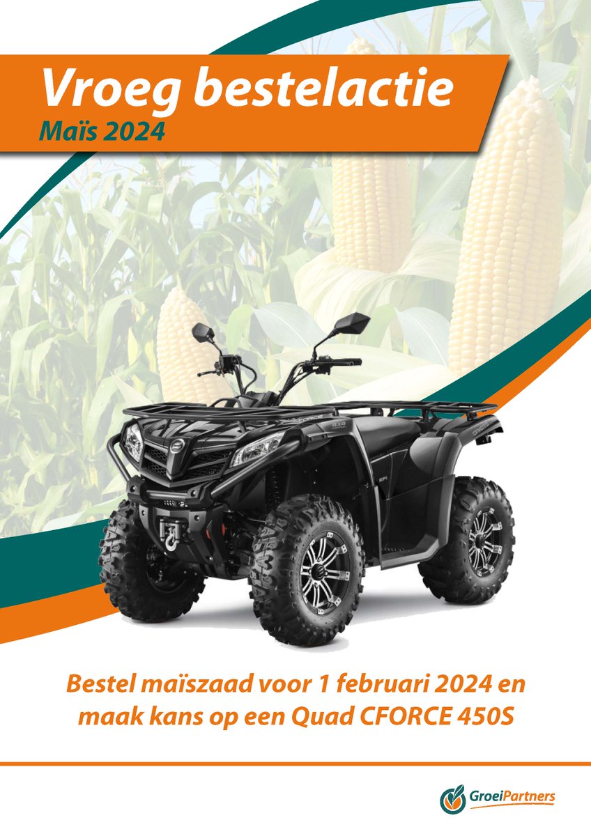 Bestel nu je maiszaad en maak kans op een Quad
Wees er op tijd bij. GroeiPartners introduceert 2 nieuwe maisrassen: LG 32.257, Next level en SY Vitamin, Bomvol energie. De nieuwste toppers van de Aanbevelende Rassenlijst 2024 #maiszaden #zaaizaden
groeipartners.nl/bestel-nu-je-m…
