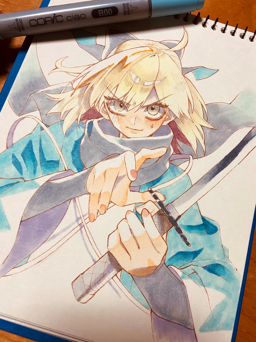 okita souji (fate) ,okita souji (koha-ace) 1girl weapon scarf traditional media solo holding blonde hair  illustration images