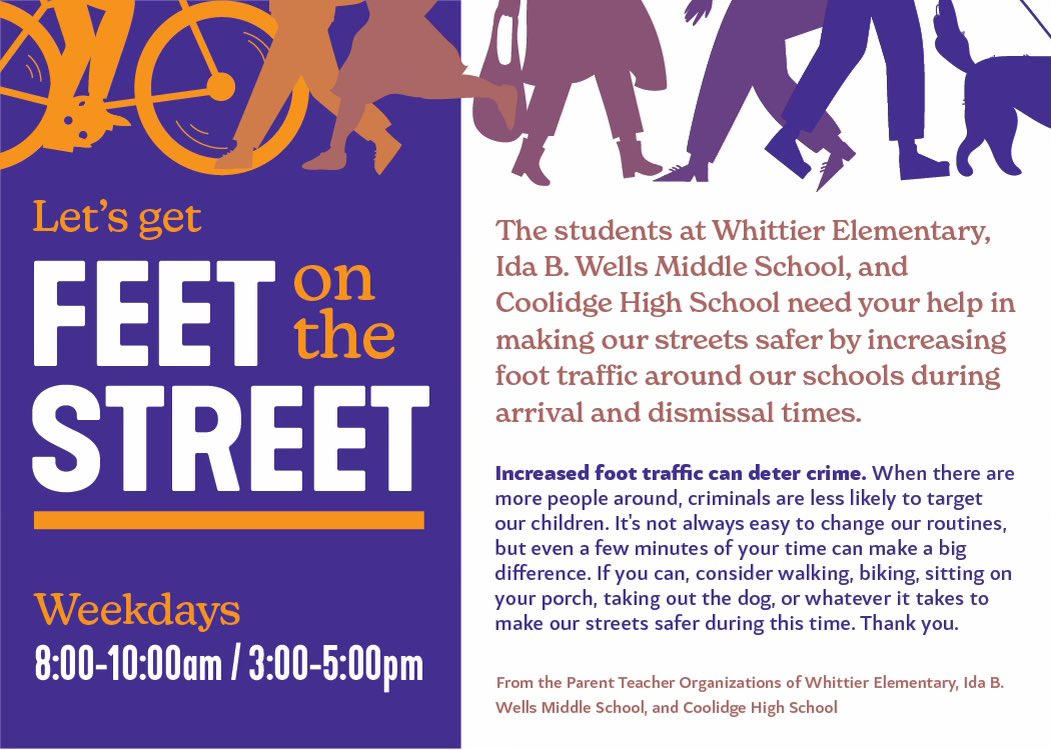 Starting this Friday afternoon, December 8th, we will be canvassing neighbors to recruit help. If you are available, contact the school communities at 
whittierdc.pto@gmail.com
idabwellsmspto@gmail.com

This will take place weekdays 8am - 10am/ 3pm - 5pm Through December 21st.