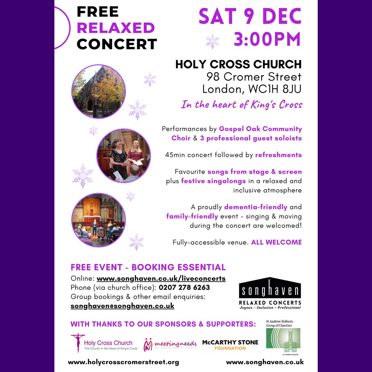 This Sat 9 Dec we kick off our 1st of 3 Festive #relaxedconcerts. Enjoy seasonal singalongs, guest performances & a social tea in an inclusive #dementiafriendly atmosphere! Booking is essential via: ticketsource.co.uk/songhaven as our Festive concerts are very popular & will book out!
