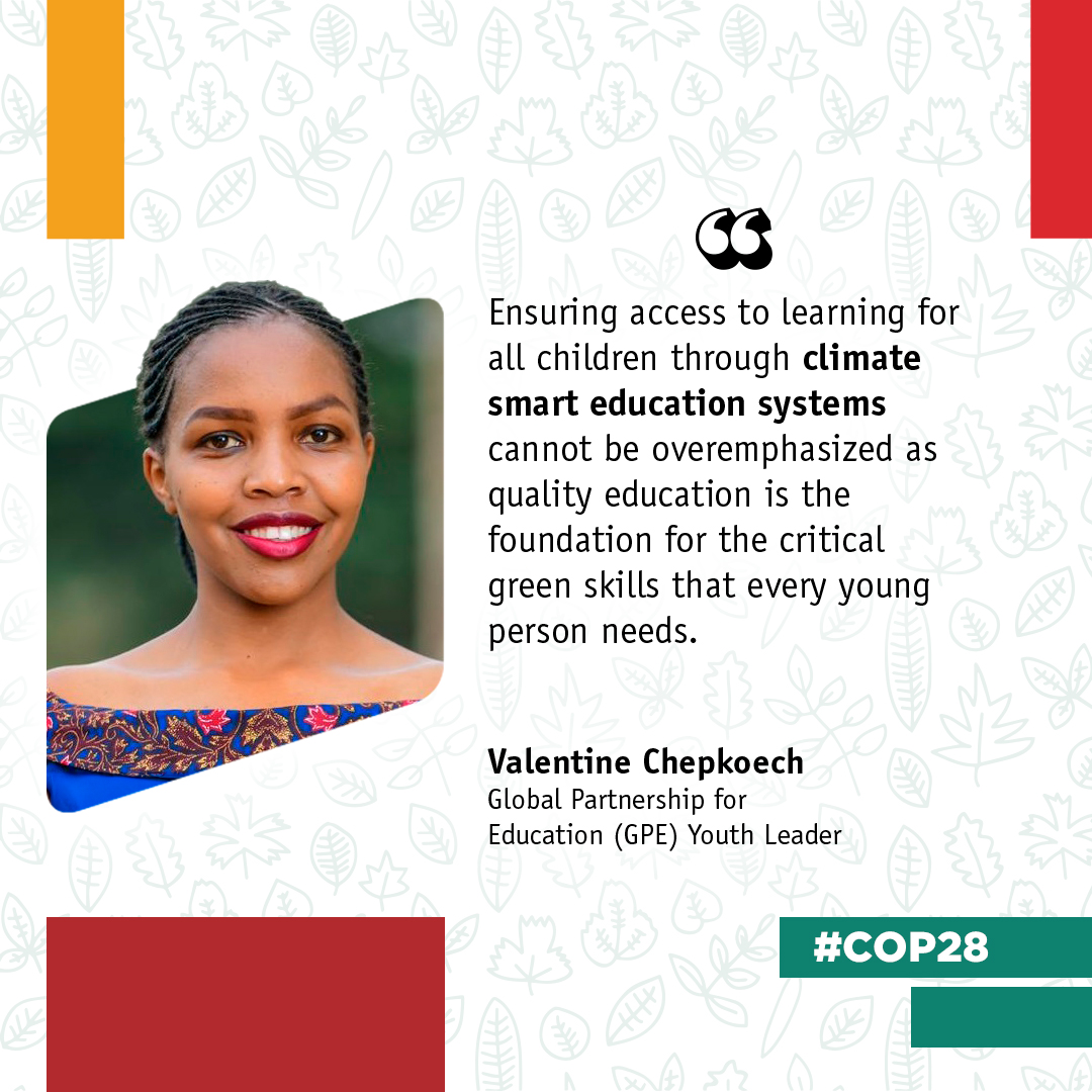 EAA_Foundation's tweet photo. Valentine Chepkoech, Youth Leader @GPforEducation, underscores the crucial link 🔗 between access to education and climate-smart learning systems.
Insisting on the importance of quality education for developing essential green skills in young people.
#ClimateSmartEducation https://t.co/nWZqd4TYtn