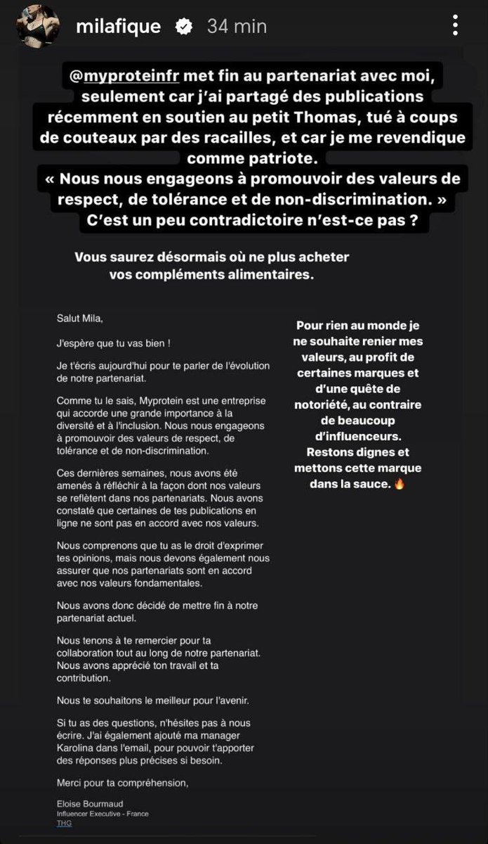F_Desouche's tweet photo. La jeune Mila, connue pour avoir été ciblée par des islamistes, annonce avoir perdu son partenariat avec @MyproteinFR après avoir partagé un hommage à #thomas https://t.co/zPnIAyrGoF