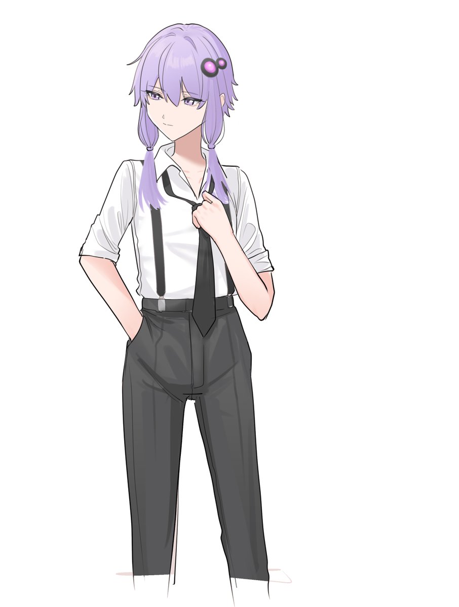 yuzuki yukari solo necktie pants shirt purple hair 1girl white shirt  illustration images