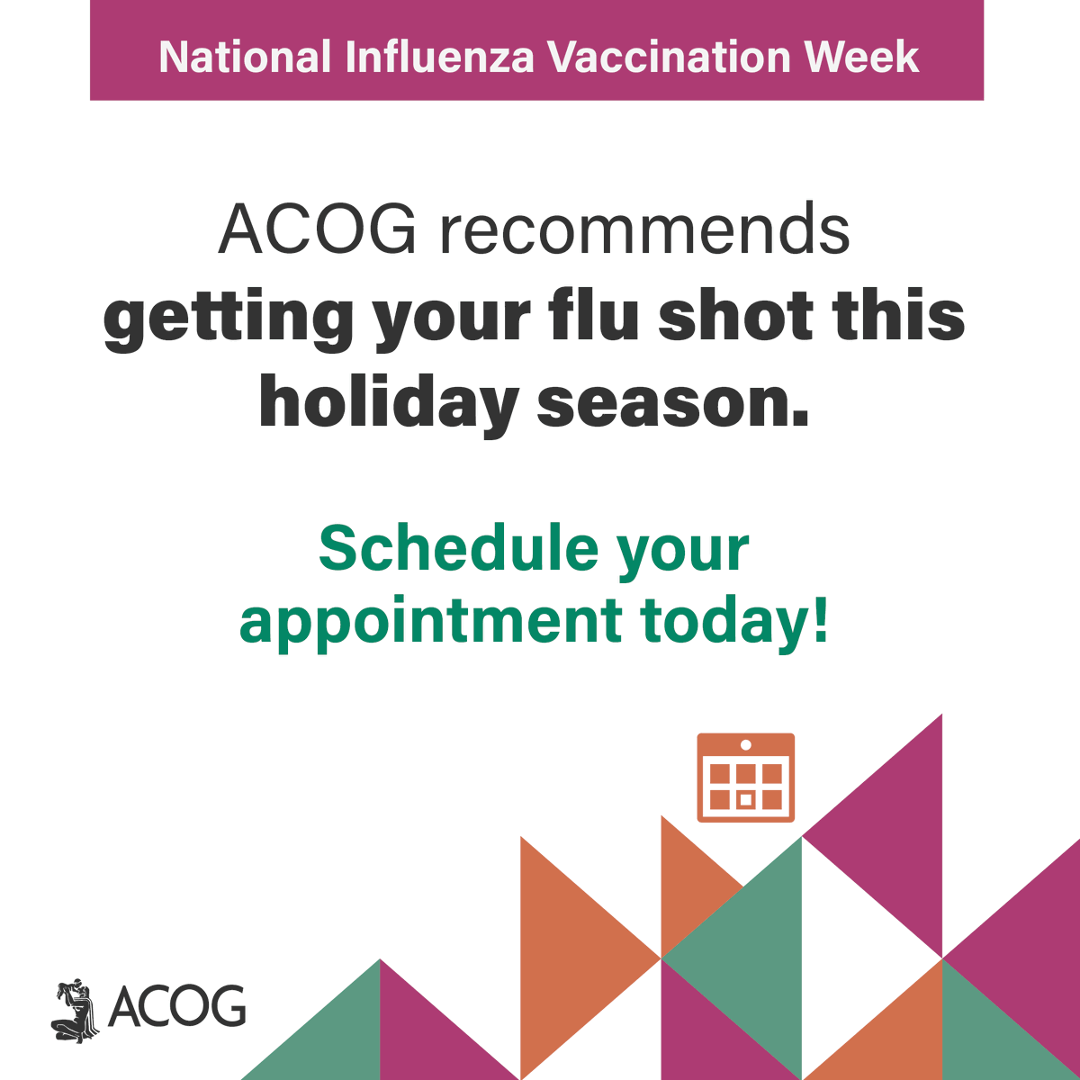 acog's tweet photo. Protect yourself and your loved ones! The #flu vaccine is the best defense against the flu, helping you avoid unnecessary doctor’s visits so you can spend more time with the people you care about. Find a vaccination location near you: https://t.co/TAjXgYuKQn #fightflu #NIVW https://t.co/RGxDHJhkTj