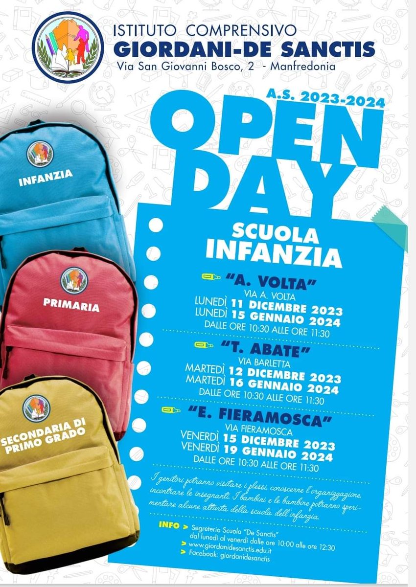 GiordaDeSa's tweet photo. Vi aspettiamo, non mancate! 
✴️11-12-15 dicembre 2023
✳️15-16-19 gennaio 2024

#OpenDay
#giordanidesanctis
#infanzia
#insiemepercrescere https://t.co/bYUYOFUf2n