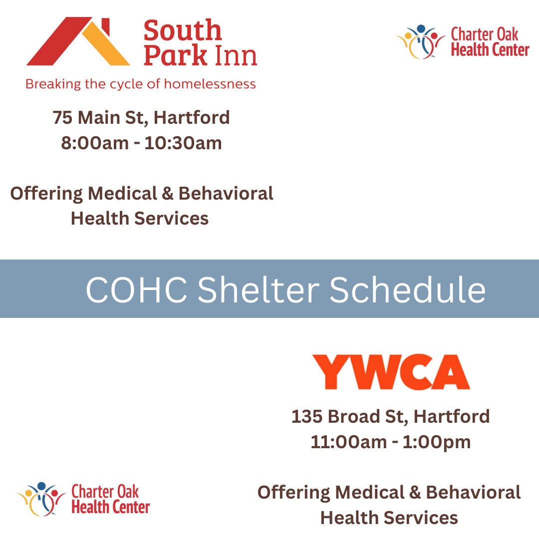 We continue to make healthcare services accessible to our community. Today, our Charter Oak team will be at the South Park Inn Shelter during the morning and then at the YWCA in the afternoon. Please see schedule shown here. 

#accessiblehealthcare #community #comunidad #health