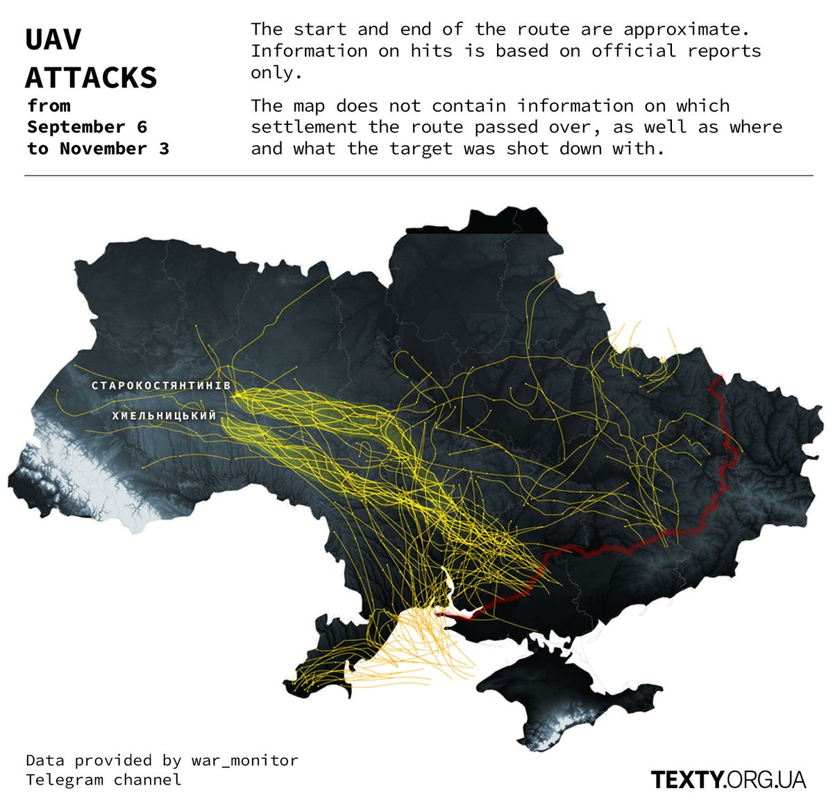 Kelm (@nadjakelm) on Twitter photo While analyzing the routes of Russian attacks over the past two months, <a href="/Textyorgua_Eng/">TEXTY.org.ua in English</a> noticed two of the most popular UAV routes targeting Starokostiantyniv and Khmelnytskyi. The lower route passes over the highway, while the upper one is at the junction of the regions. While analyzing the routes of Russian attacks over the past two months, <a href="/Textyorgua_Eng/">TEXTY.org.ua in English</a> noticed two of the most popular UAV routes targeting Starokostiantyniv and Khmelnytskyi. The lower route passes over the highway, while the upper one is at the junction of the regions.