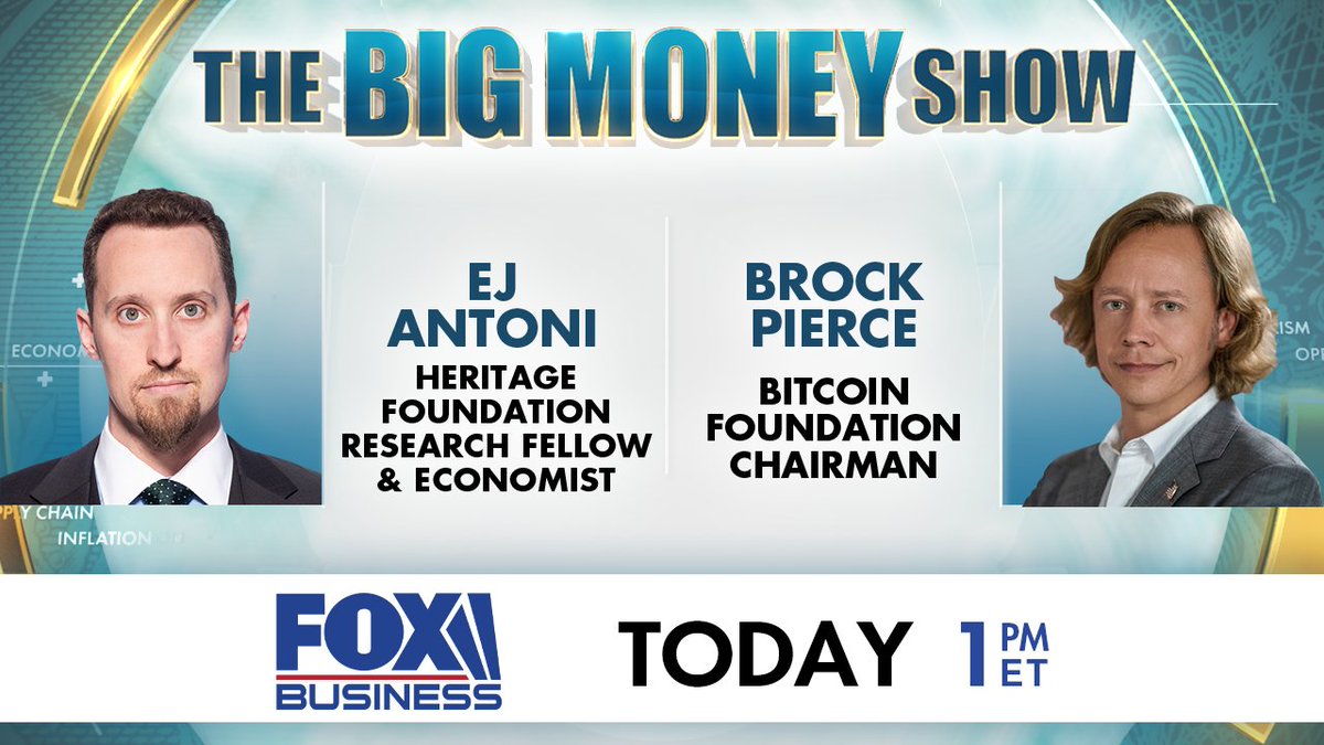 TODAY ON THE BIG MONEY SHOW: @Heritage Research Fellow & Economist @RealEJAntoni Bitcoin Foundation Chairman @brockpierce Tune in at 1p ET on @FoxBusiness with @JackieDeAngelis, @BrianBrenberg and @LydiaHuNews