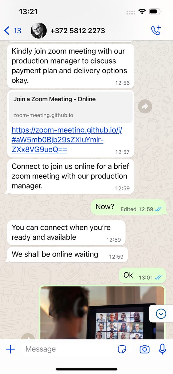 paulmyerski's tweet photo. We’ve had three scam attempts in two days. This is my favourite. The fake zoom call.. 

Remember, if you get a biz request for a Zoom call and it’s not a real https://t.co/wRkteKiOns or https://t.co/QdGkjlS7Ii address, DO NOT CLICK.
#fakezoomcall #scam #scammer #zoom #fakezoom https://t.co/dEDDaK8W4I