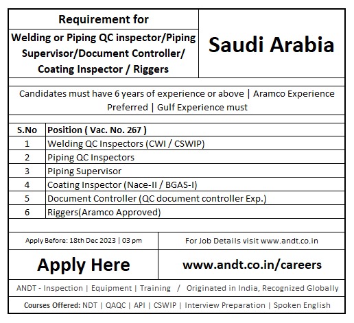 AndtTraining's tweet image. 🌟 Latest Openings Alerts for Abroad(UAE/Saudi Arabia) 🌟
Grab it before closing.

#UAEJobs #CareerGrowth #EngineeringRoles #InspectorPositions #QualityAssuranceJobs #QualityControlRoles #NDTCareers #ConstructionOpportunities #OilAndGasJobs #IndustrialInspectionRoles #HiringNow