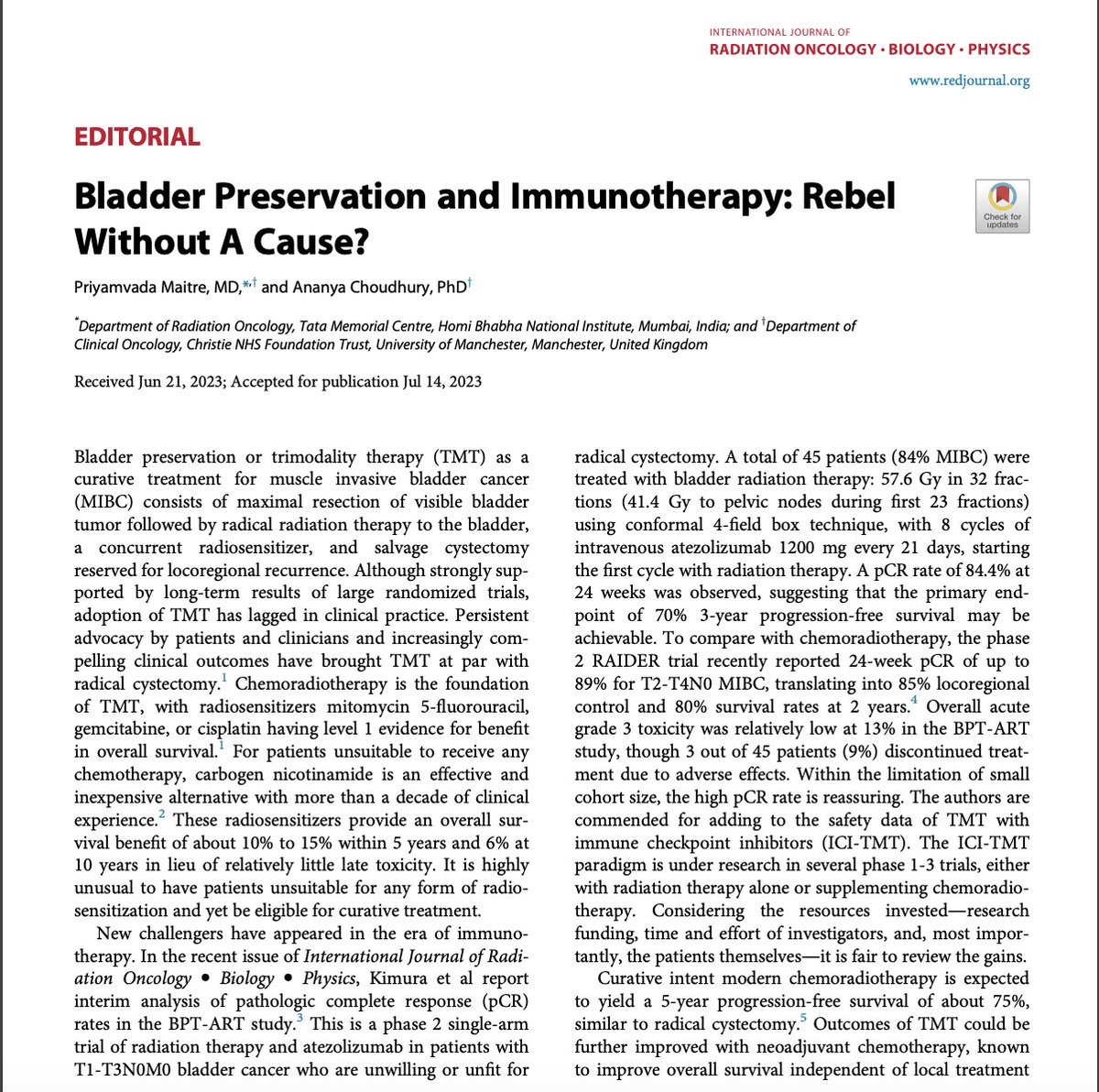 #bladderpreservation is in vogue! Is #immunotherapy a value addition to modern TMT, or a 'rebel without a cause'? 
NEW editorial to check out (FREE link👇🏽)Thanks to <a href="/IJROBP/">IJROBP - The Red Journal</a> for the invite and <a href="/achoud72/">Prof Ananya💙 @achoud72.bsky.social</a> for the motivation 🙏🏽🤩
#bladdercancer #bcsm

authors.elsevier.com/a/1iBh%7E1Hx52…