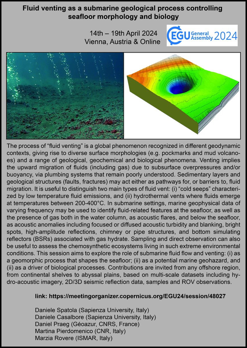 cnr_igag's tweet image. Segnaliamo la Call for Abstracts della sessione "Fluid venting as a submarine geological process controlling seafloor morphology and biology", organizzata da ricercatori di  #cnr_igag #SapienzaRoma #cnr_ismar #Géoazur_CNRS, nell'ambito dell'#EGU2024.