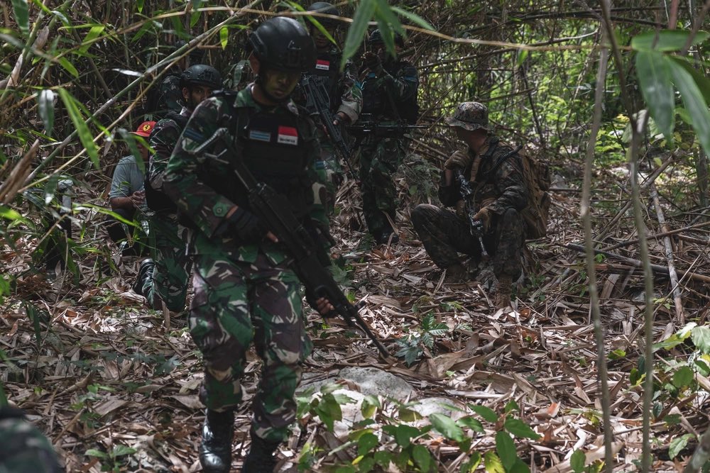 Now you see me, now you don't. U.S. Marines with Marine Rotational Force-Southeast Asia, and Indonesian marines with 4th Marine Infantry Brigade, Pasmar 1, conduct a patrols during Keris Marine Exercise 2023 in Sukabumi, Indonesia, Dec. 3, 2023. (@USMC 📸 by Cpl Dean Gurule)