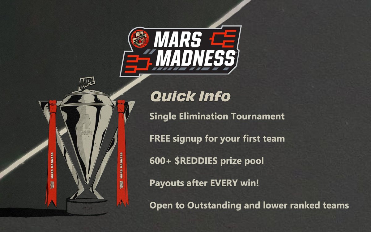 Signup for the 3rd community lead MPL #MarsMadness Tournament is now open!  ⚽️🔥 

Submit your team(s) here: forms.gle/Ycse1CUDtBRJto…

Full tournament details here: martianpremierleague.notion.site/MPL-Mars-Madne…

#FootballManager #Web3 #LifeOnMars