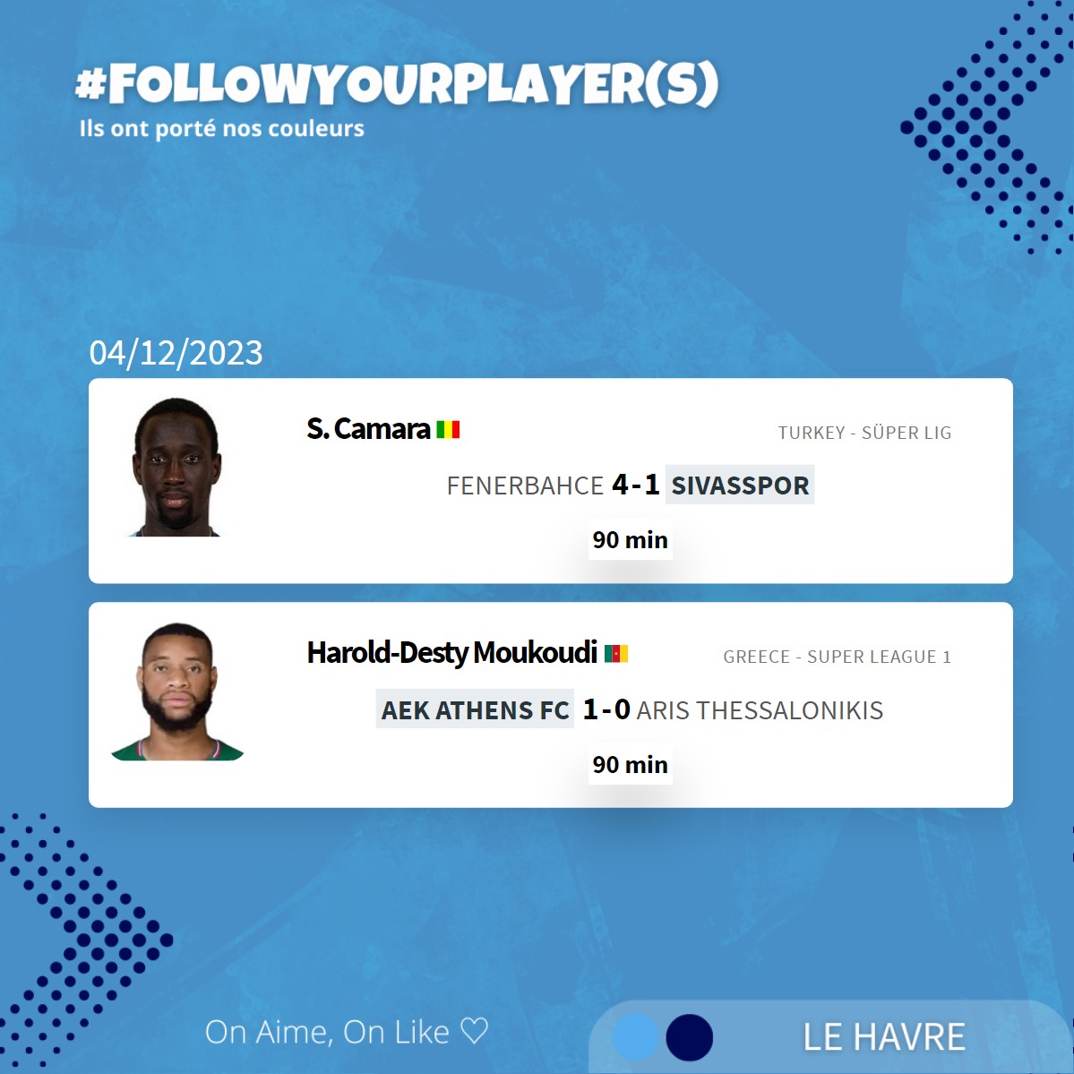 FollowYouPlayer's tweet photo. #LEHAVREππ΅
π«π· Ils ont portΓ© nos couleurs π₯
#HAC #LEHAVRE #TeamHAC
π https://t.co/PG5jRPcHKi
#Followyourplayer(s)
#Ligue1 #Ligue1UberEats #football #sport
π«π· On Aime, On Like β‘ https://t.co/XmlSSUjUc9
