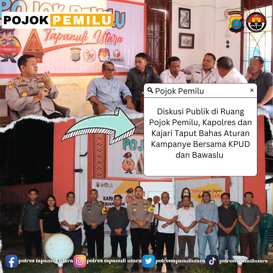 humasrestaput's tweet photo. Diskusi Publik di Ruang Pojok Pemilu,
Kapolres Dan Kajari Taput Bahas Aturan Kampanye Bersama KPUD Dan Bawaslu.
#polrestaput #poldasumut #pojokpemilu #taput https://t.co/I3j2HFJJXk