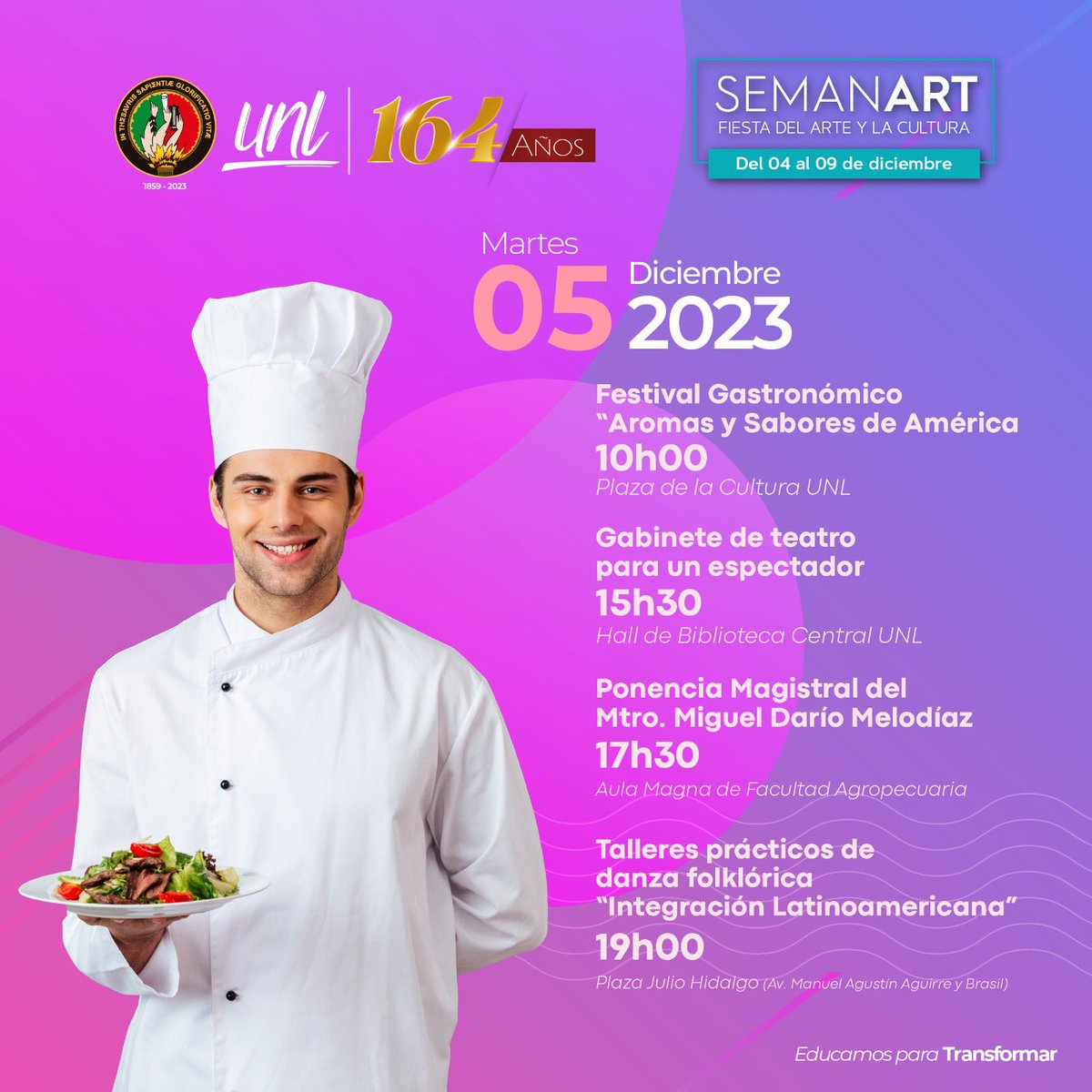 UNLoficial's tweet photo. #SEMANART | #UNL164Años 🎉

📌 ¡Prepárate para celebrar en una semana llena de diversión, aprendizaje y orgullo universitario! 

👉 Revisa nuestra agenda completa aquí: https://t.co/zLGRHSaubA

¡Te esperamos! ☺️

#EducamosParaTransformar https://t.co/dv8T1vfgMt