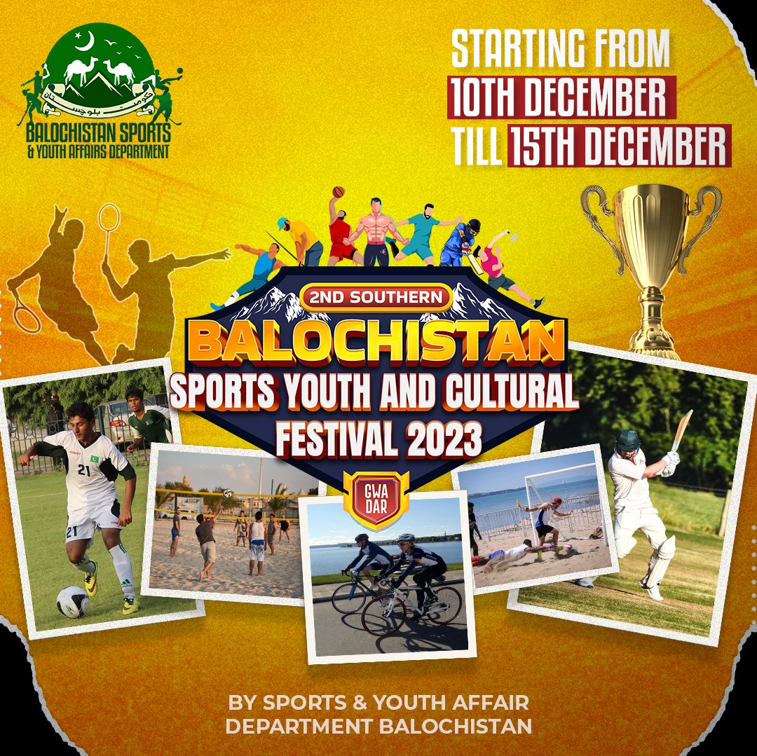 📣 Excitement is building up as we count down the days to the much-anticipated Balochistan Sports, Youth, and Cultural Festival 2023! 🎉 From the 10th to the 15th of December

#DirectorateGeneralOfSportsBalochistan #Sportsmanship #CulturalHeritage #YouthPower #CelebratingTalent