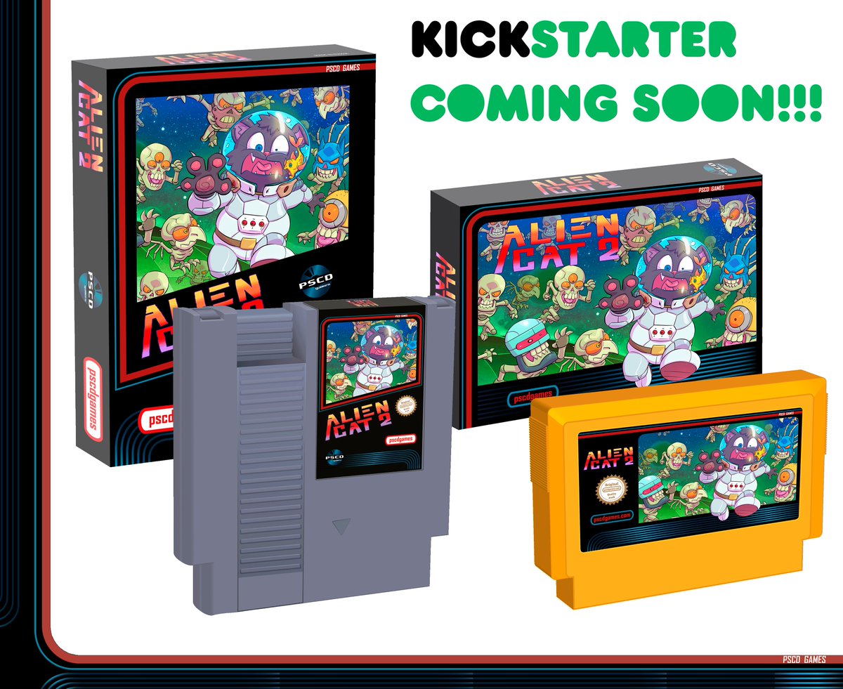 PscdGames's tweet photo. This is what the box and cartridge stickers will look like for the game #AlienCat2 for #NES and #SNES. We will launch a #Kickstarter campaign soon. And since the games are ready, fundraising will go towards making cartridges.

https://t.co/mpGkxz509w https://t.co/fooXxt3pNl