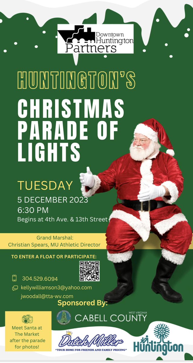 huntingtoncity's tweet photo. Don't miss Huntington's Christmas Parade of Lights, presented by Downtown Huntington Partners, at 6:30pm TONIGHT! Parade begins at 4th Ave and 13th St and proceeds to 8th St before turning onto 8th St toward Mountain Health Arena and then onto 3rd Ave where it ends at 10th St. https://t.co/Lhtzl6Cl0R