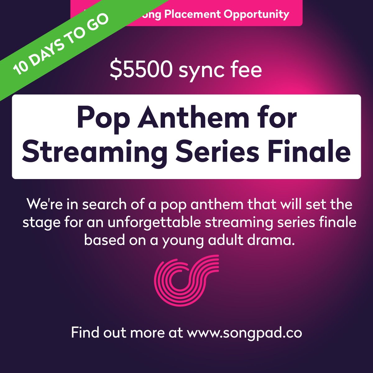 We're in search of a pop anthem that will set the stage for an unforgettable streaming series finale based on a young adult drama. Find out more at songpad.co #sync #sycnopps