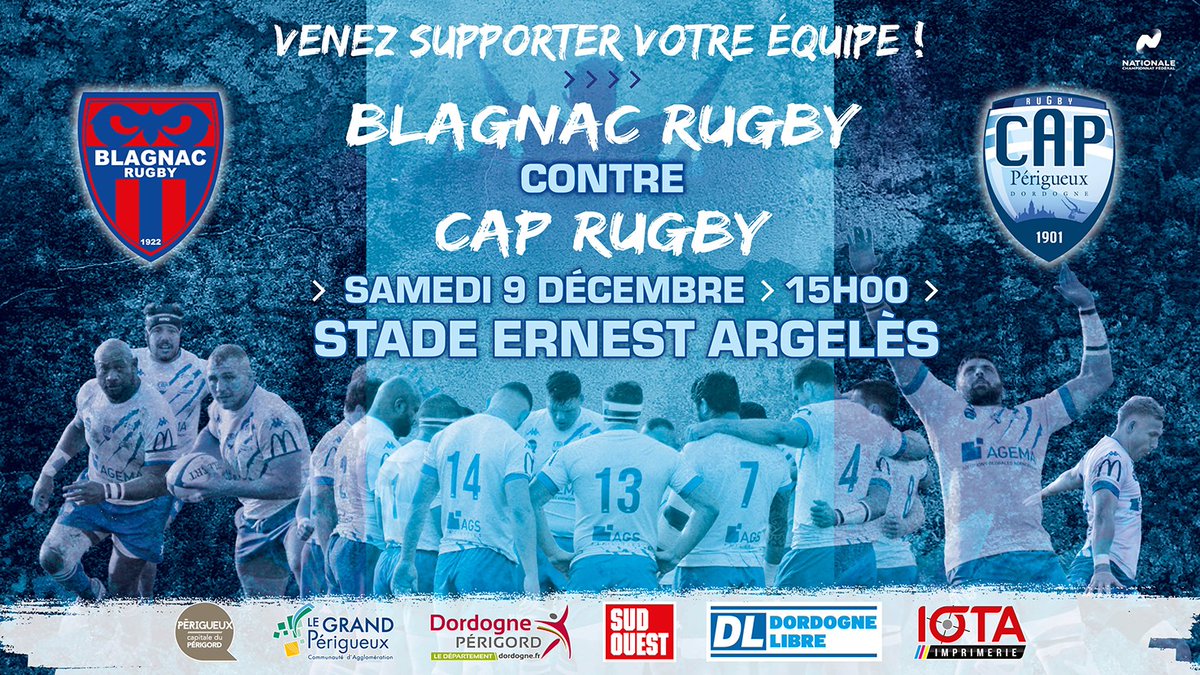 🏉 BLAGNAC - CAP 🏉
Nouveau match à l'extérieur ce samedi pour nos capistes !    
Déplacement à #Blagnac pour cette 13ème journée de championnat    
Samedi 9 décembre    
Stade Ernest Argelès 
Coup d'envoi à 15h      
#Gocap #Rugby #Nat1 #Perigueux #Dordogne