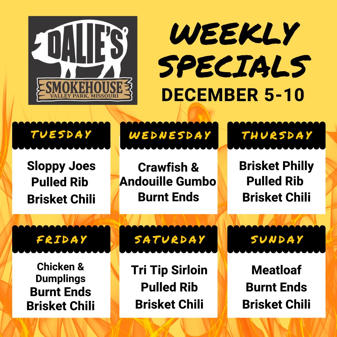 WEEKLY SPECIALS 🔥🔥🔥 Highlights: Creole Wednesday: Crawfish & Andouille Gumbo Thursday: Brisket Philly is back! This week's chili: Brisket Chili #daliessmokehouse #smokehouse #barbecue #bbq #food #pork #smokedmeats #sandwiches #stleats #eatlocal #valleypark #kirkwood #stlouis