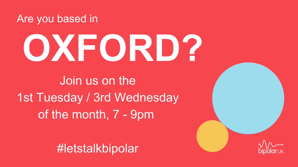 BipolarUK's tweet photo. 📢 Calling all residents of #Oxford!

Are you affected by #bipolar? Perhaps you're a friend, family member or loved one of someone with bipolar?

Come along to our support group to meet other people who understand bipolar.

Find out more on our website >>
https://t.co/HNcKq8zipo https://t.co/1bCz7l5j7F