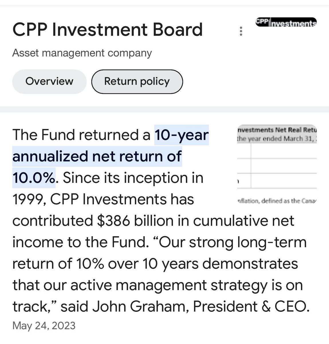 dawilder23's tweet photo. @forevaeva79 @JanisIrwin CPP’s ten year number, which is much more important than the one year number is over 10%.  It is empirically the best sovereign wealth fund on earth.

Eva, the fund invests outside of Canada (87%, I believe) because they have a responsibility to the fund holders - NOT the gov’t. https://t.co/mvzokyz86R