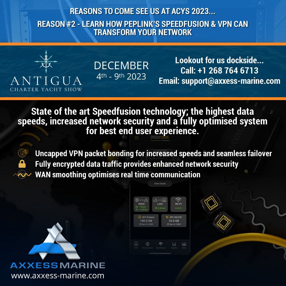 Learn How Peplink's Speedfusion &amp; VPN Can Transform Your Network 

Learn More: axxess-marine.com/news/2023/lear… 

#axxessmarine #axxesscare #acys #acys2023 #acym