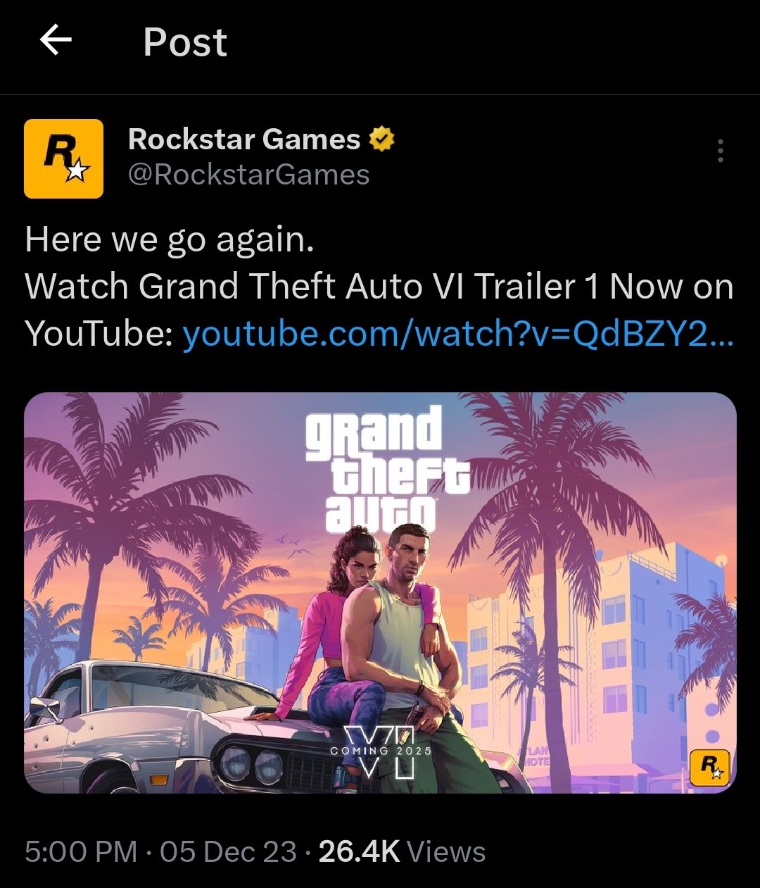 Rockstar Games on X: Here we go again. Watch Grand Theft Auto VI Trailer 1  Now on :   / X