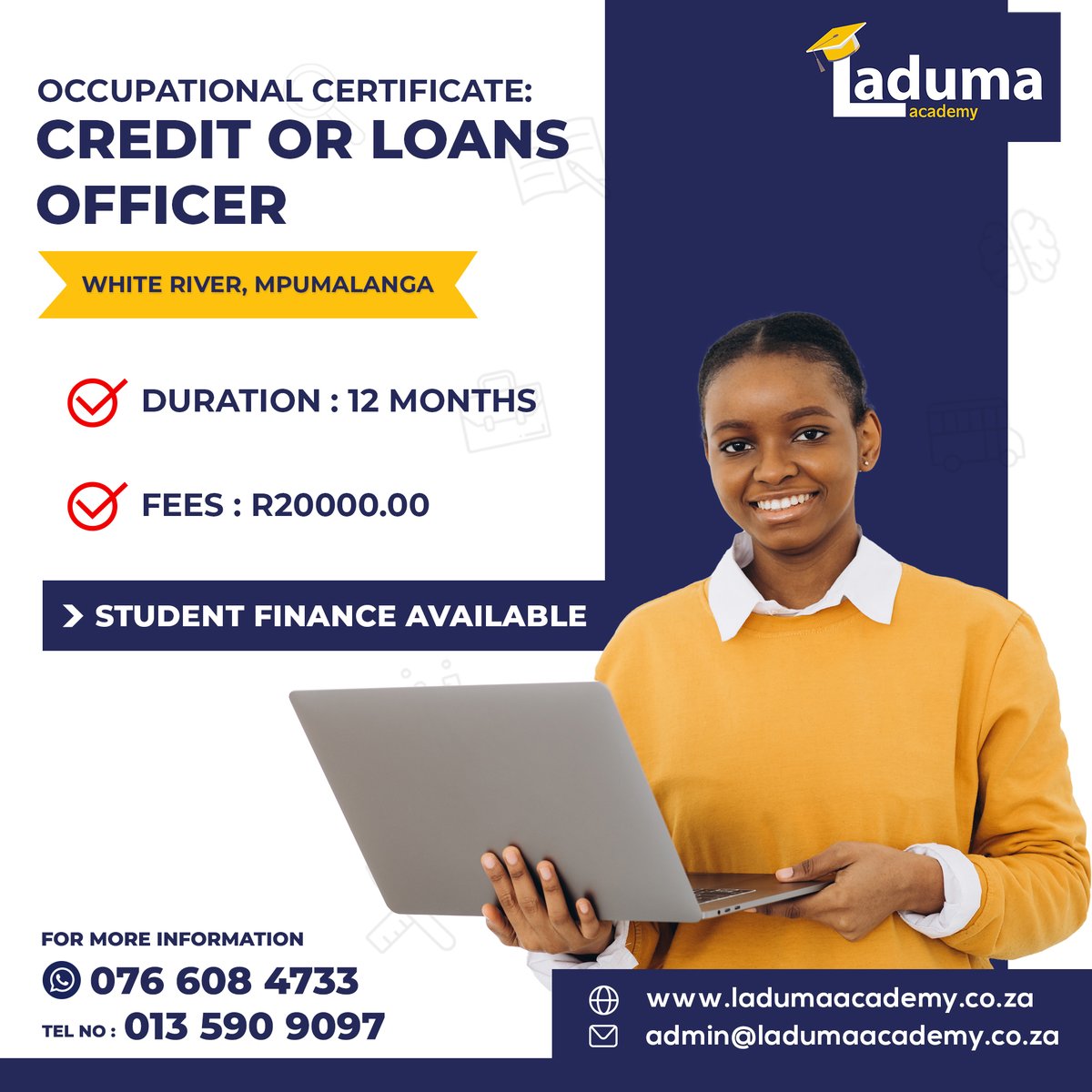 Apply now for 𝐂𝐑𝐄𝐃𝐈𝐓 𝐎𝐑 𝐋𝐎𝐀𝐍𝐒 𝐎𝐅𝐅𝐈𝐂𝐄𝐑
ladumaacademy.co.za/credit-or-loan…
#LadumaTrainingAcademy #OccupationalCertificate #CreditOfficer #LoansOfficer #studentfinance #joborientedcourse #careerdevelopment #trainingcentre #Mpumalanga #Whiteriver #ApplyNow #AccreditedCourse