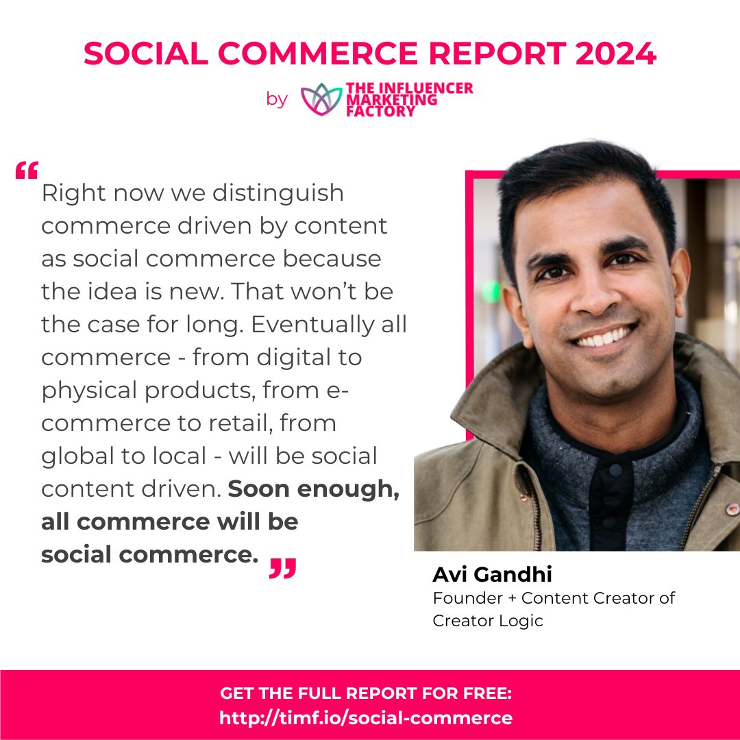 the_IMFactory's tweet image. 📊 Delighted to reveal an exclusive quote from Avi Gandhi, Founder &amp;amp; Content Creator of Creator Logic, highlighted in our latest Social Commerce Report!

👉️CHECK OUT THE FULL REPORT: timf.io/social-commerce

#InsiderCommerceTrends #IndustryInsights2024 #DataDrivenCommerce