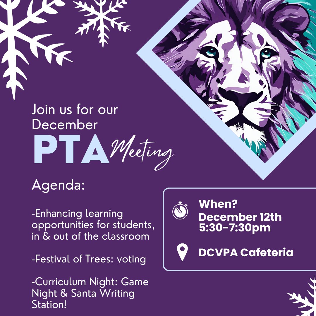 We can't wait to see all our families at this month's PTA meeting! There is so much happening! Come view our Festival of Trees and Enrichment Showcase and then stay for family game night! It's going to be so much fun! #LearnThriveSoar #LearnThriveROAR
