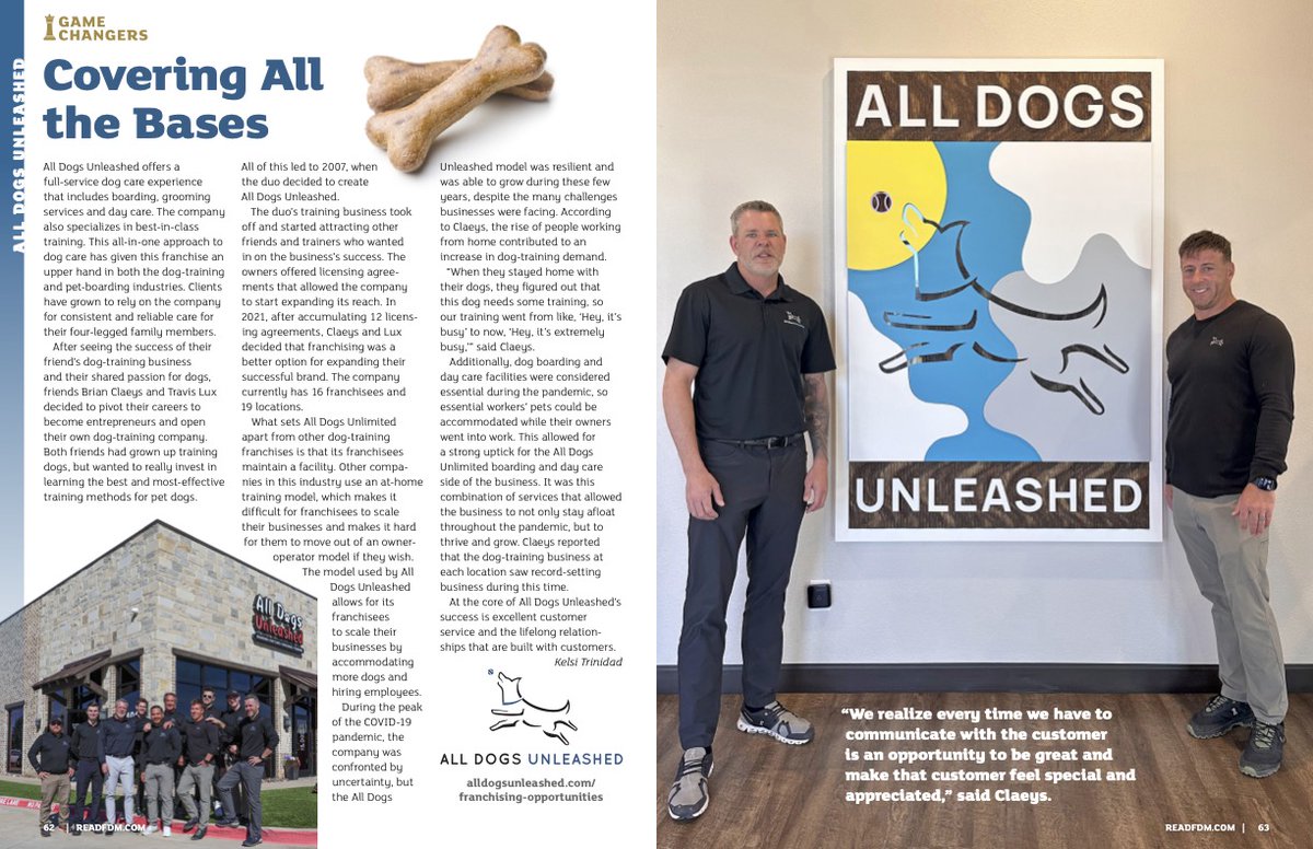All Dogs Unleashed franchise offers a full-service dog care experience that includes boarding, grooming services and day care. The company also specializes in best-in-class training. . Learn More here: franchisedictionarymagazine.com/all-dogs-unlea…
#Readfdm #AllDogsUnleashed