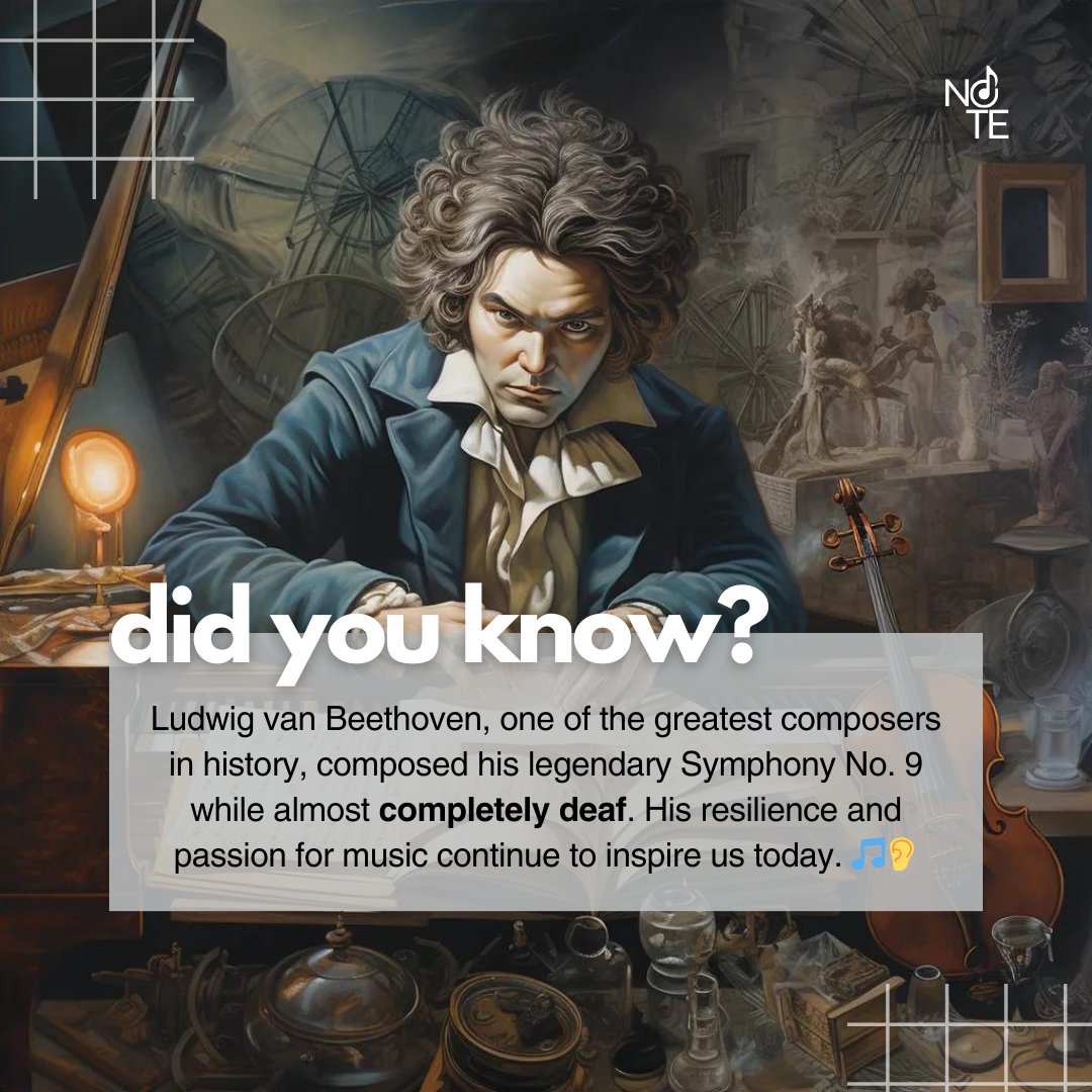 NoteMusicLesson's tweet image. 🎵👂 Did you know? Despite his profound hearing loss, Beethoven composed some of his most important works, including the iconic Symphony No. 9. #Beethoven #MusicInspiration #ClassicalMusicLegends #NoteMusicLessons