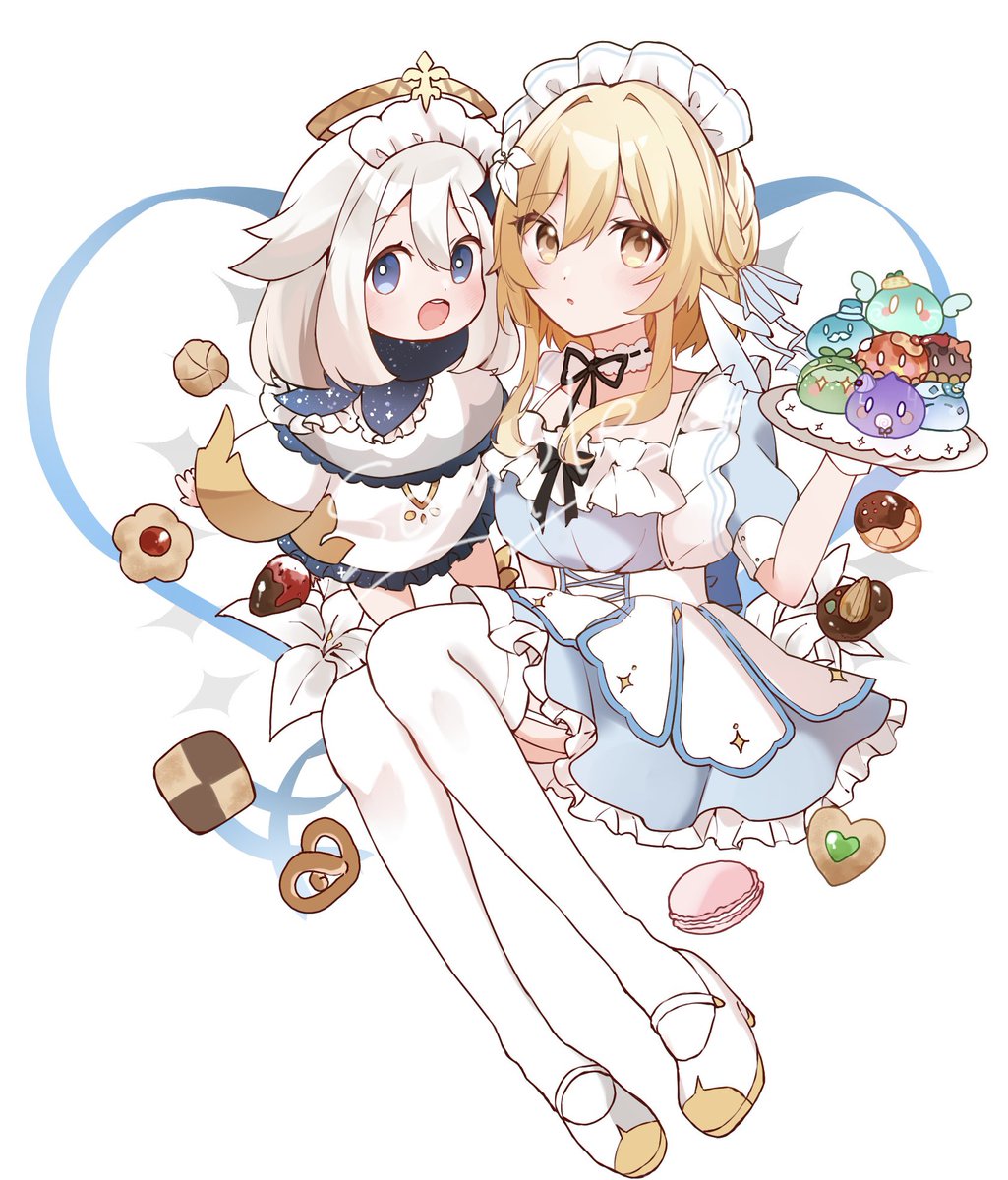 lumine (genshin impact) ,paimon (genshin impact) multiple girls 2girls cookie blonde hair food maid headdress thighhighs  illustration images