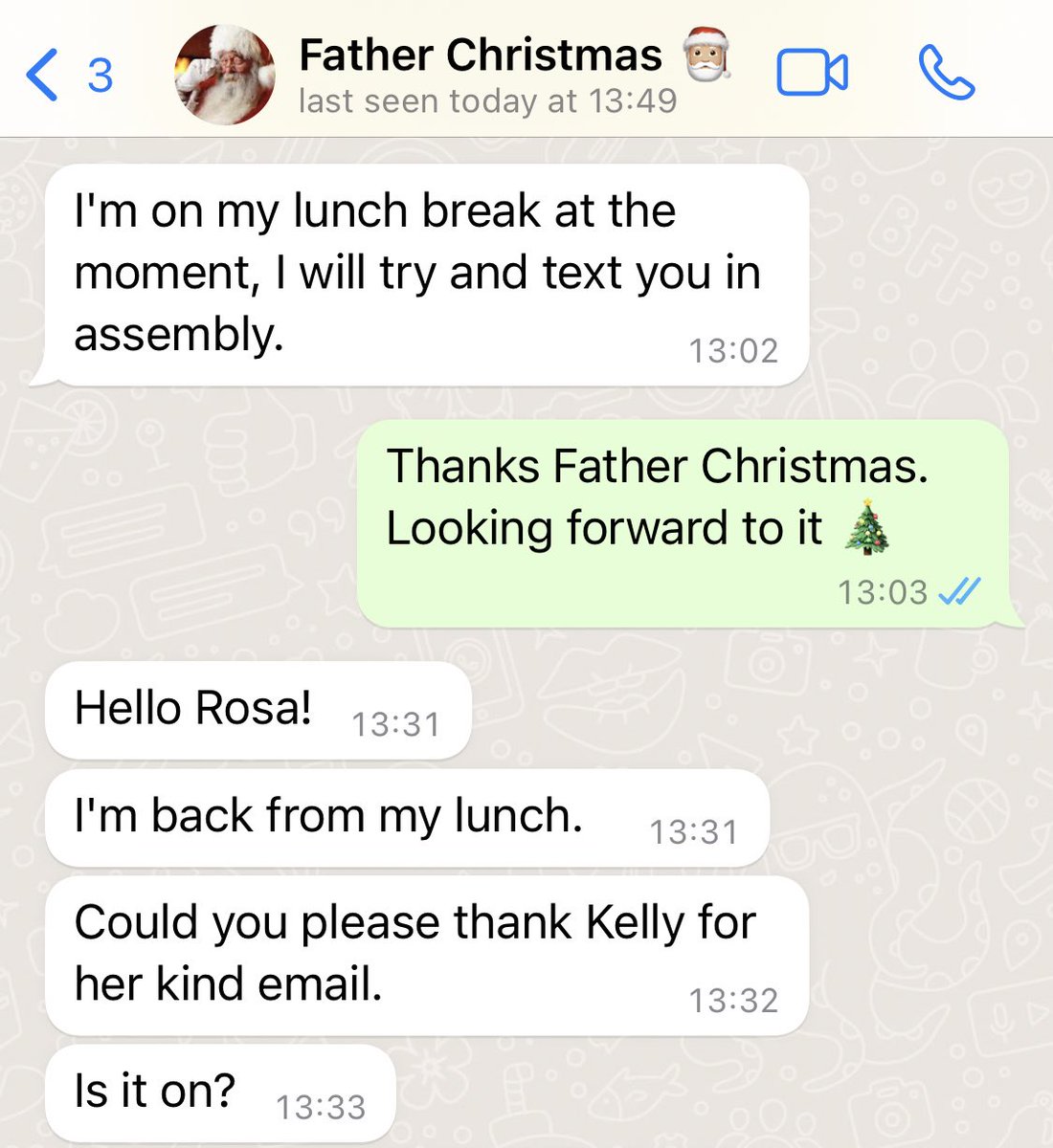 Rosa Corcoran-Jones (@rosatvi) on Twitter photo Father Christmas promised he’d text us this week and he has!!! In assembly! He just needed to check if Friday’s Fun Day is still happening so he can get his sleigh ready. As always, everyone’s trying their best so he’ll come for a visit. 🤞🏻he’ll call us 2moro 🎅🏼 <a href="/TVInfants/">Thames View Infants</a> Father Christmas promised he’d text us this week and he has!!! In assembly! He just needed to check if Friday’s Fun Day is still happening so he can get his sleigh ready. As always, everyone’s trying their best so he’ll come for a visit. 🤞🏻he’ll call us 2moro 🎅🏼 <a href="/TVInfants/">Thames View Infants</a>