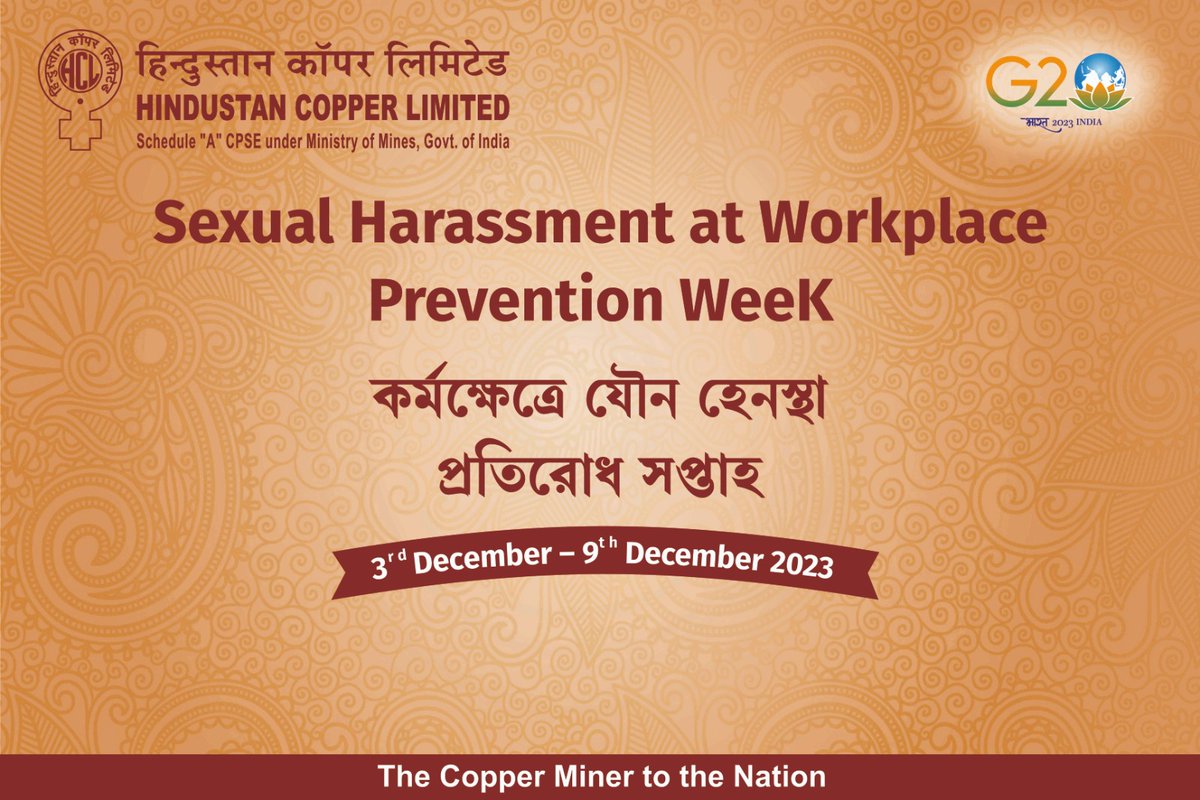 HCL will be commemorating the week in the run up to 9th December, 2023 as 'Sexual Harassment at Workplace Prevention Week'. 
#safeworkplace