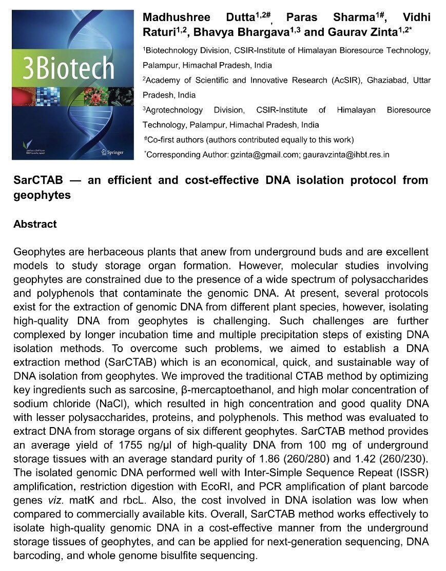 Finally, it's Accepted ! 
We developed a #Protocol to isolate #DNA directly from the #UndergroundStorageOrgans of #Geophytes 🥔 
"SarCTAB — an efficient and cost-effective DNA isolation protocol from geophytes"
@MadhushreeDut10  <a href="/vidhi08r/">Vidhi Raturi</a> <a href="/Paras_sharma_06/">Paras Sharma</a>  <a href="/Bhavya100/">Bhavya Bhargava</a>