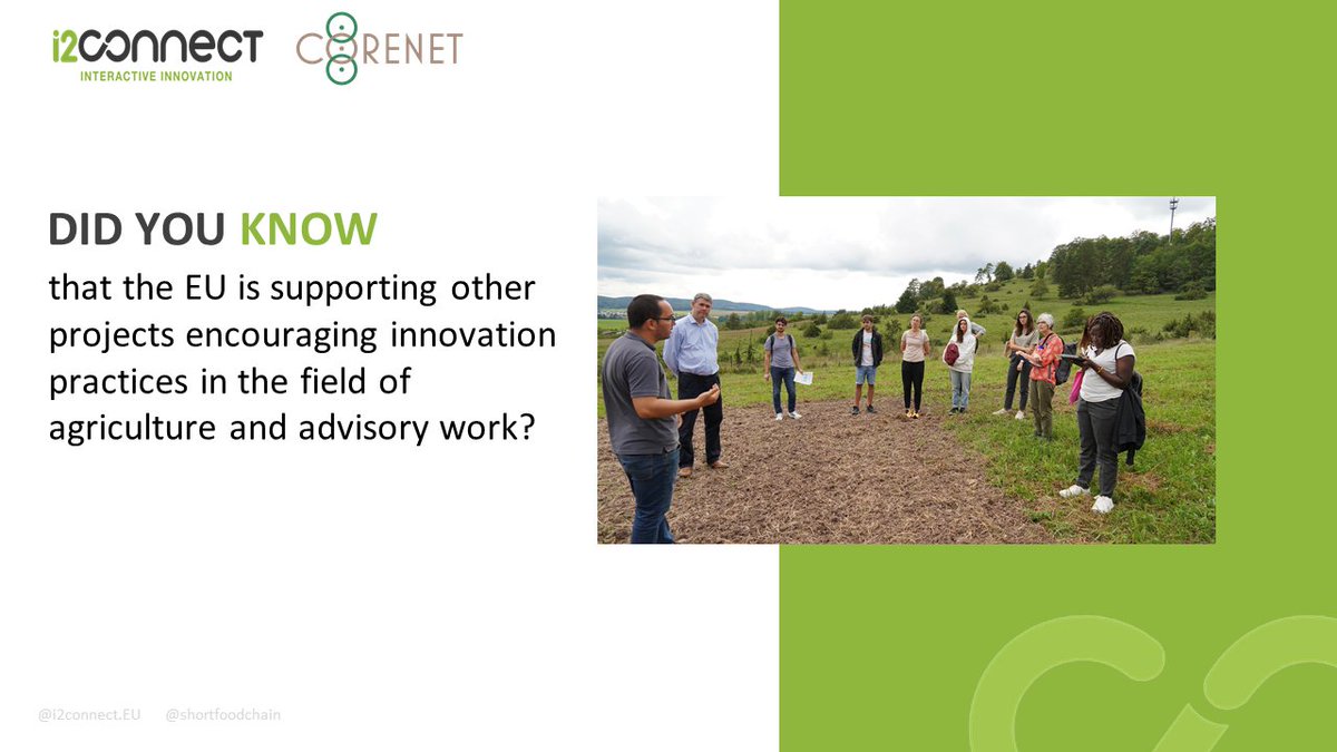 💡🍃These projects are @H2020_FAIRshare , @NEFERTIti, @EUFarmBook, @attractiss, @eu4advice, @modernAKIS, @quantifarm, @ClieNFarms, and others!

#DYK #COREnetproject #i2connect #sisterproject
Stay tuned!